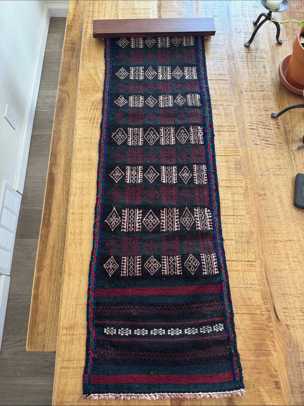 Vintage Handwoven Black & Burgundy Geometric tapestry